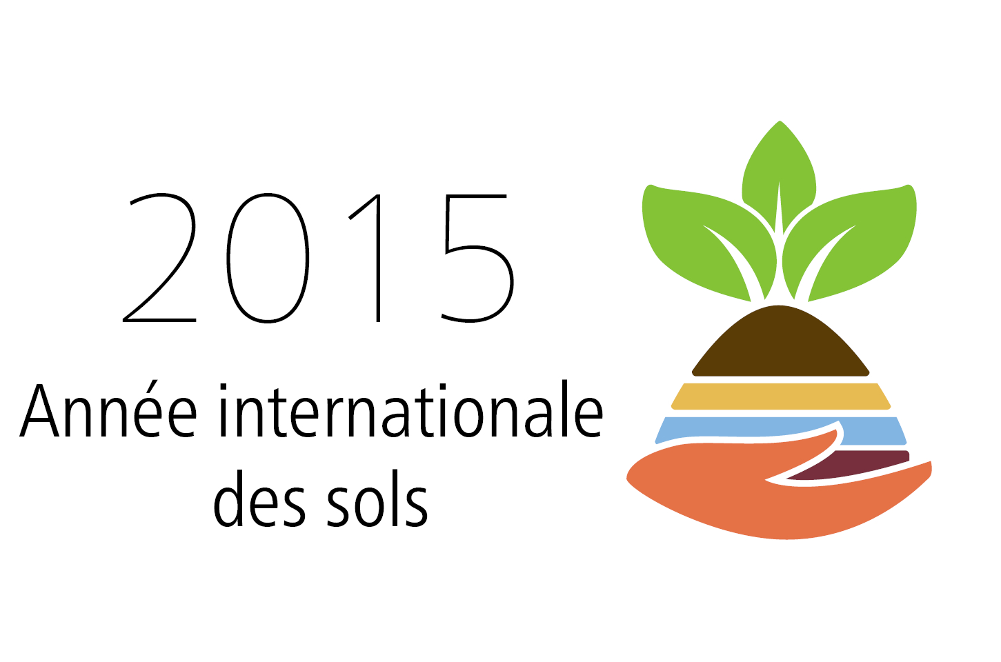 Affichette : dessin simple d'une forme de main qui soutient un petit mont de terre avec une plante à trois feuilles vertes. 2015 Année internationale des sols